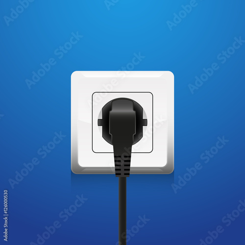 Power socket and plug on blue background, realistic vector