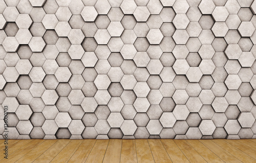 Wall of concrete hexagons and wooden floor