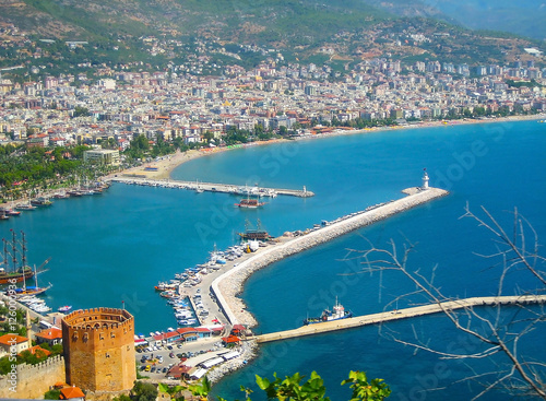 Top view of the castle, sea, ships. Alanya, Turkey