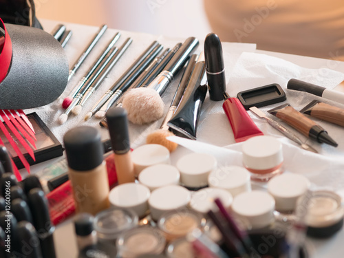 Various cosmetics and makeup stuff on the table, backstage