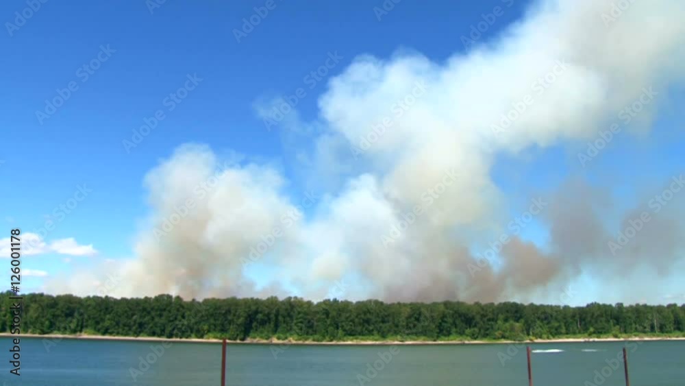 Forest fire burns wild on Government Island in Oregon on windy, sunny day. Forest fire burns wild on Government Island in Oregon on windy, sunny day.