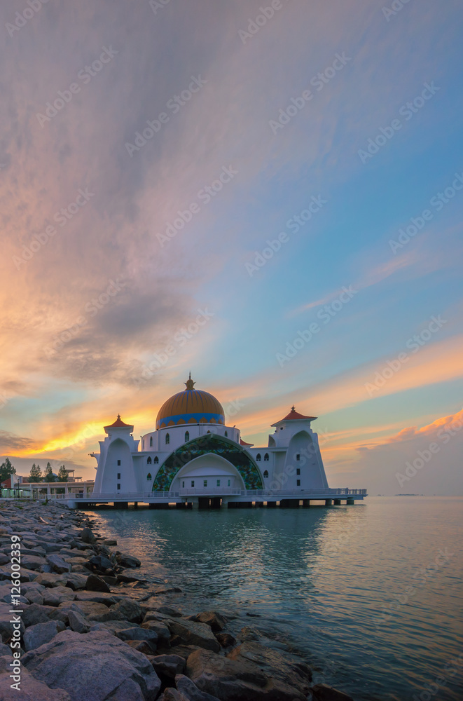 Malacca Straits Floating Mosque during dramatic sunrise