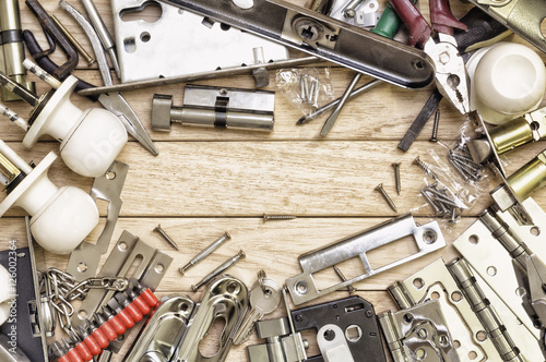 Quadro em tela Tools and mortise lock arranged in a frame.