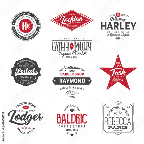 Vintage logo set. Vector label, insignias, badges, signs, business brand design. T-shirt graphics. Texture effect can be turned off.