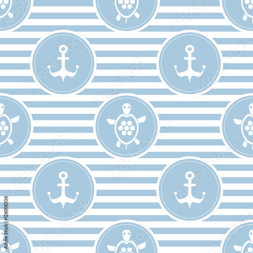 Seamless nautical pattern with turtles and anchors, striped background