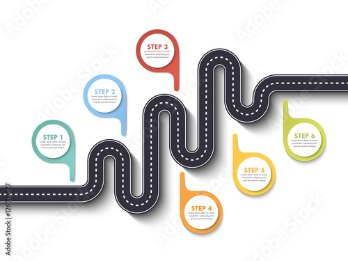 Road way location infographic template with pin pointer. Winding road on a white background. Stylish streamers. Modern flat design thin line infographic. Vector EPS 10
