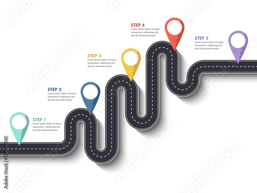 Road way location infographic template with pin pointer. Winding road on a white background. Stylish streamers. Modern flat design thin line infographic. Vector EPS 10