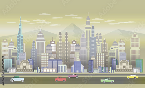 City Game Backgrounds with mountains and retro old cars ,2d game application. Vector Illustration for your application , project.