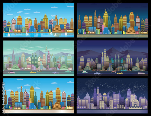 City Game Backgrounds Set ,2d game application. Vector Illustration for your application , project. Day and night town.