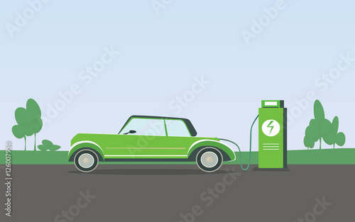 Flat vector illustration of a green electric car charging at the charger station. Electromobility e-motion concept.