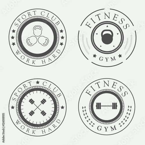 Set of Gym logos, labels and slogans in vintage style. Vector illustration. Fitness logo.