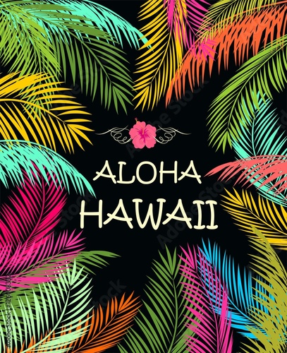 Aloha Hawaii summer beach party poster with colorful palm leaves