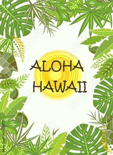 Aloha Hawaii summer poster with exotic tropic green leaves and sun