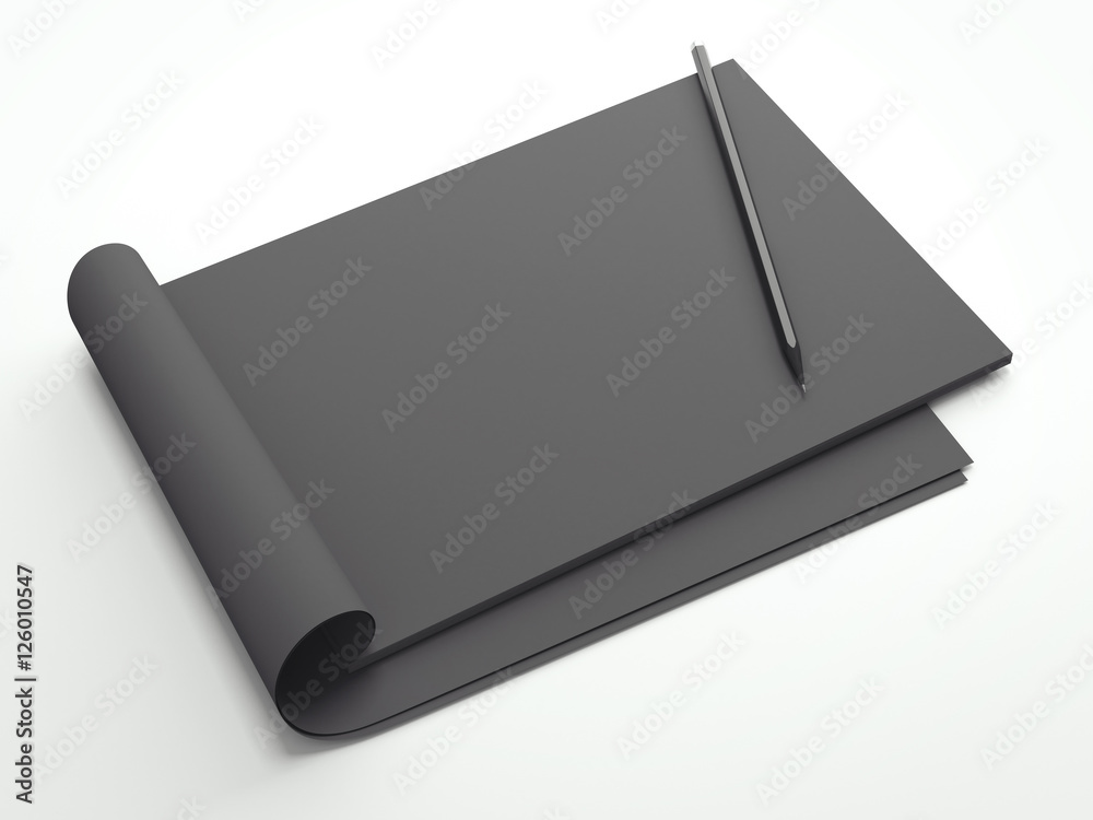 Opened black notepad with pen. 3d rendering Opened black notepad with pen. 3d rendering