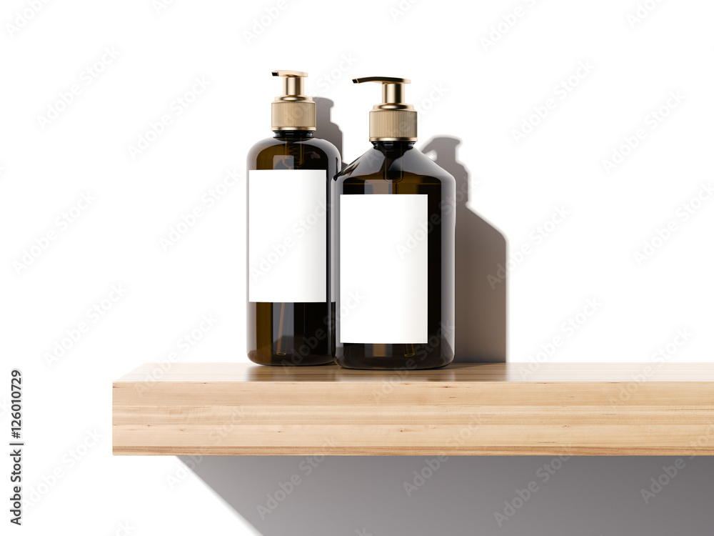 Beauty cosmetic plastic containers on a wooden shelf . 3d rendering