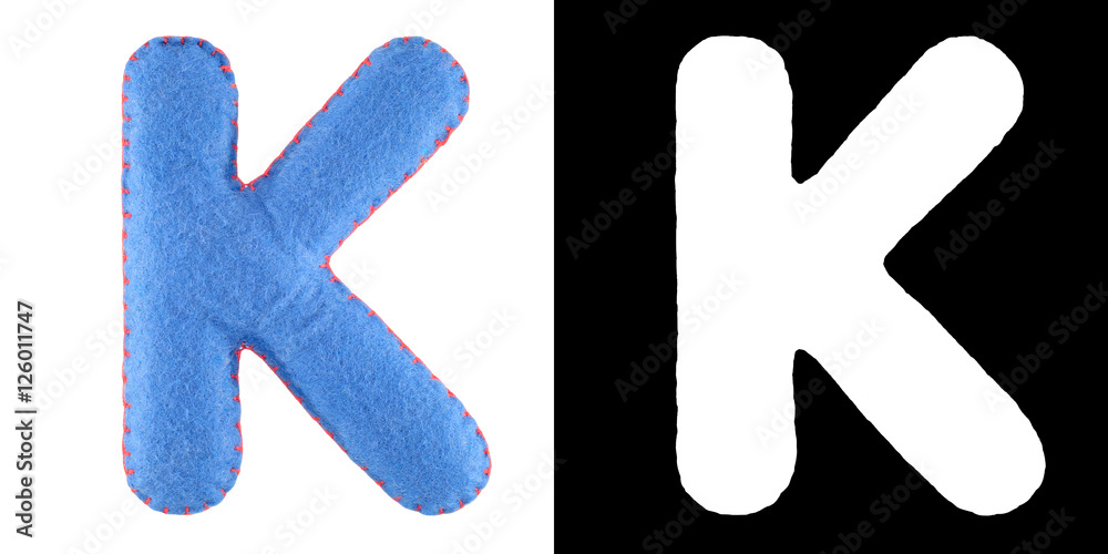 K- letter from blue felt. Collection of colorful handmade English alphabet isolate on white background with alpha mask