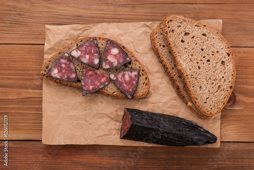 Sandwich with bread on the table. photo