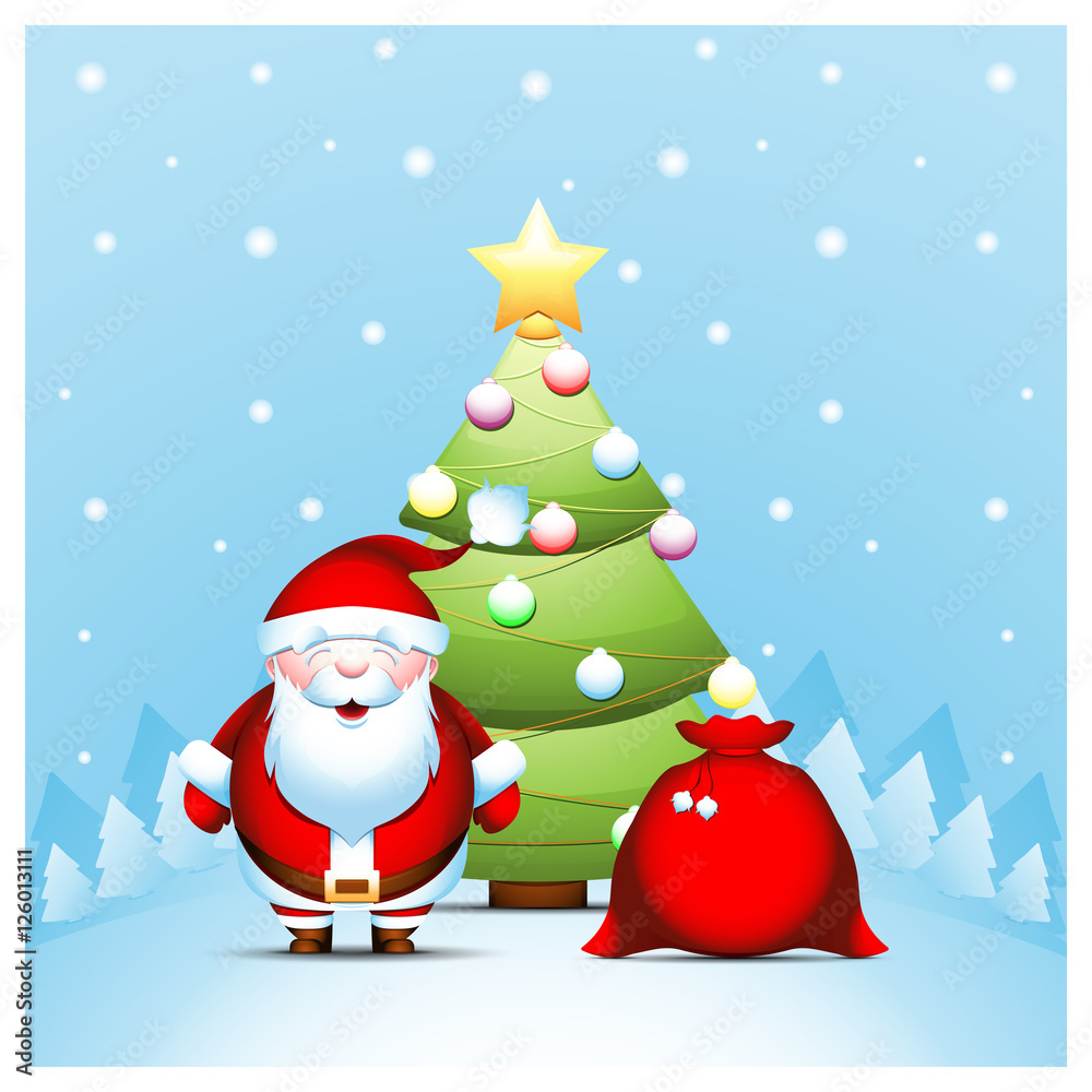 Santa Claus with gifts bag near Christmas tree against background of winter landscape. Vector illustration 10 EPS