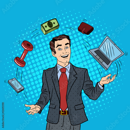 Pop Art Successful Businessman Juggling Computer, Phone and Money. Vector illustration