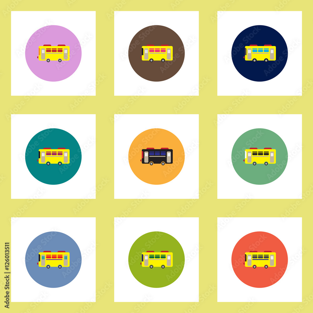 Collection of stylish vector icons in colorful circles retro bus