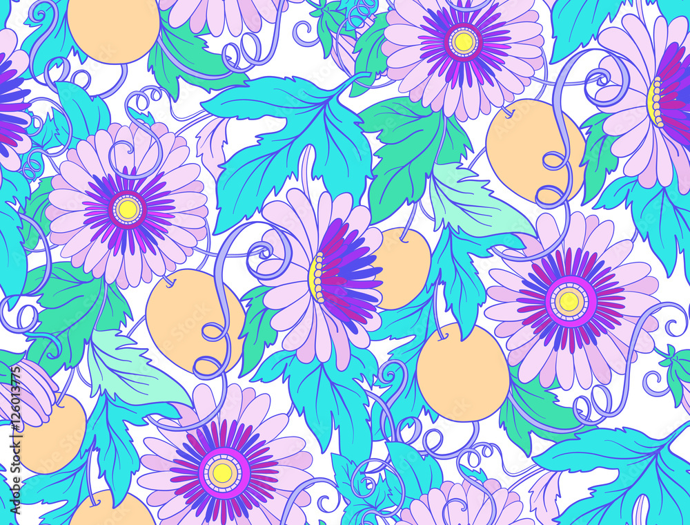Passionflower floral seamless pattern. Pasiiflora Flower background