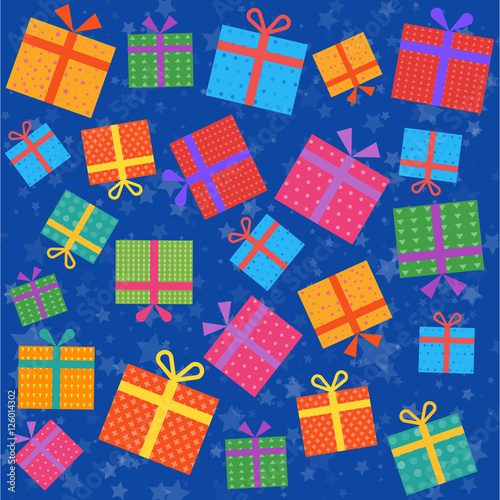 Holiday gifts icons and present boxes in cartoon flat style. Vector illustration. Colored gift boxes with ribbons.