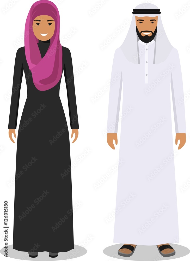 Family and social concept. Muslim arab men and women standing together in  traditional islamic clothes in flat style on white background. Vector  illustration. Stock Vector