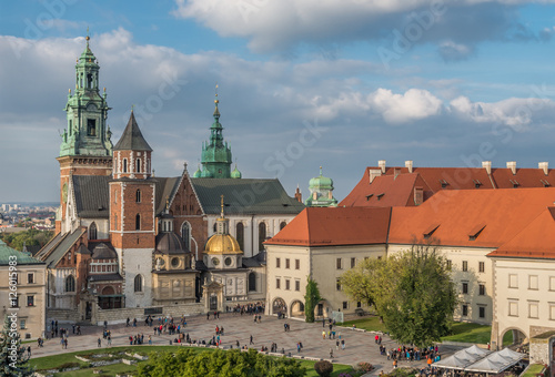 Wawel Castle and Wawel cathedral seen from the Sandomierska tower on sunny afternoon © tomeyk