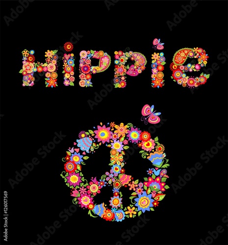 Flower colorful print with hippie lettering and peace flower symbol isolated on black background