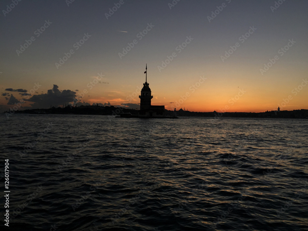 Maidens Tower during sunset in Istanbul, Turkey.