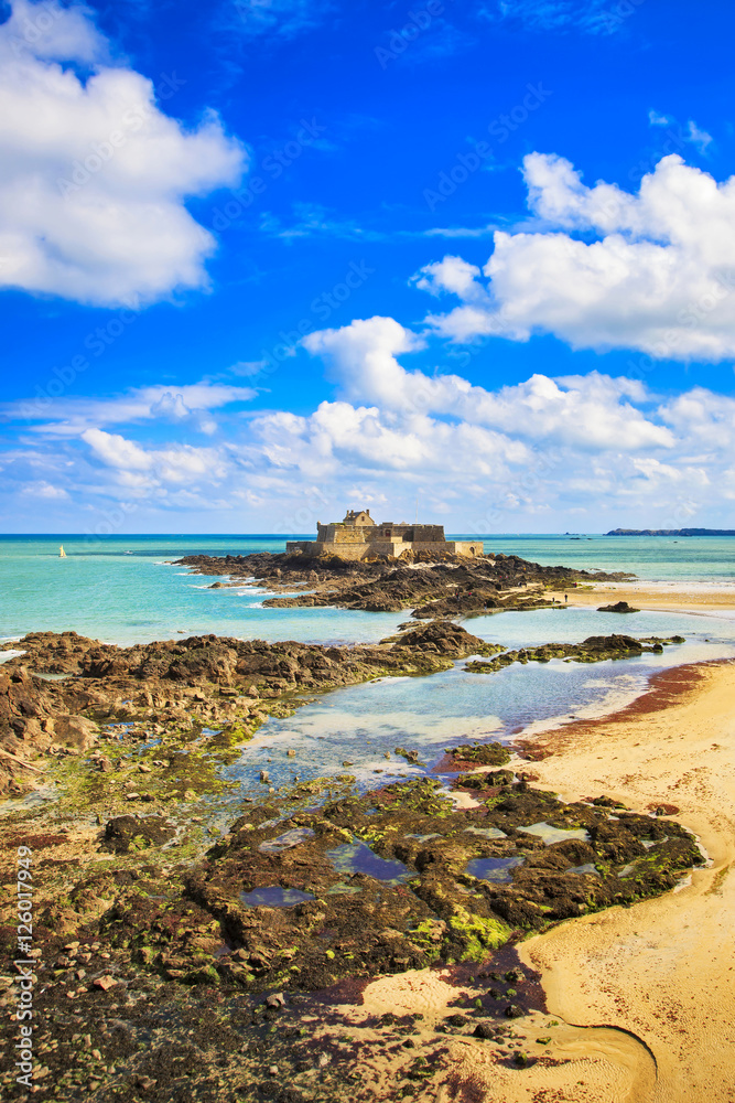 Saint Malo Fort National and rocks, low tide. Brittany, France.