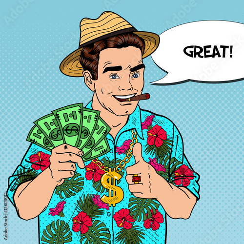 Pop Art Rich Man with Dollar Banknotes and Cigar on Tropical Vacation. Vector illustration