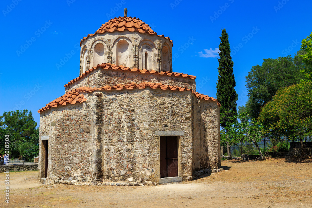 Ancient church Agios Nikolaos Fountoukli on Rhodes island originally formed part of a late Byzantine monastery. It is famous for its 14-century frescoes and a dome sitting on a stone drum.