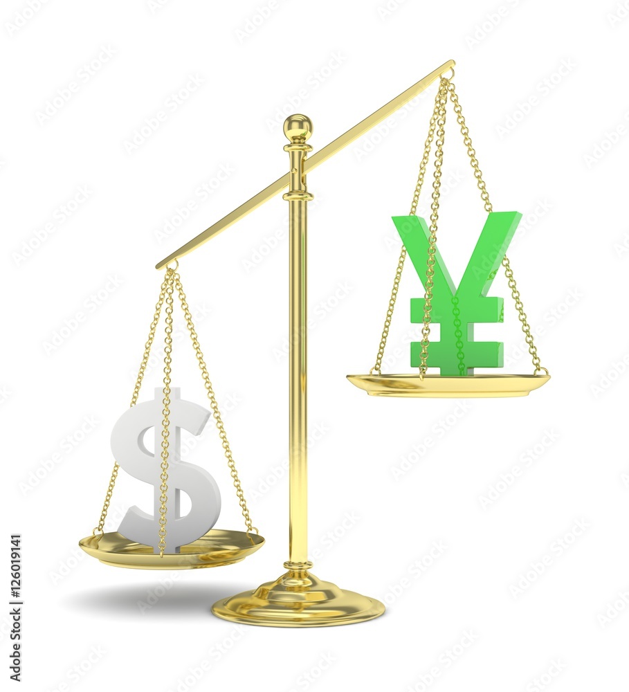 Isolated old fashioned pan scale with dollar and yuan,yen on white background. American and chinese and japanese currency. Dollar is heavier. Silver usd, green yuan. 3D rendering. Isolated old fashioned pan scale with dollar and yuan,yen on white background. American and chinese and japanese currency. Dollar is heavier. Silver usd, green yuan. 3D rendering.