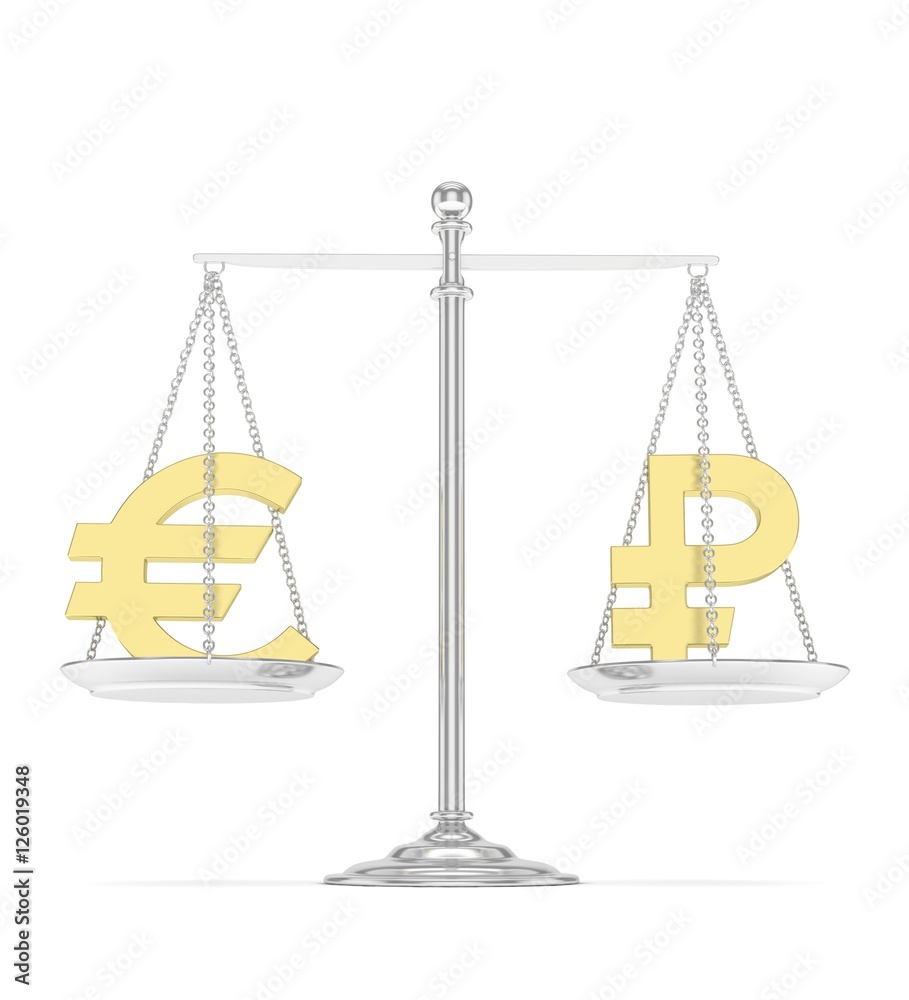 Isolated silver scales with golden euro and ruble currency. Russian and european finance. Measuring of market stability. 3D rendering. Isolated silver scales with golden euro and ruble currency. Russian and european finance. Measuring of market stability. 3D rendering.