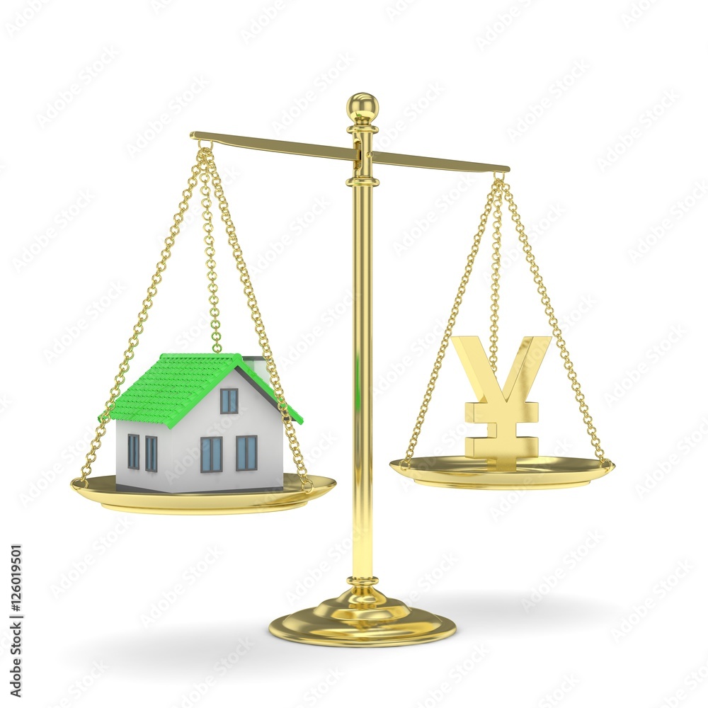 Isolated golden scales with golden yuan and house on white background. Investment or savings concept. Real estate and currency. 3D rendering. Isolated golden scales with golden yuan and house on white background. Investment or savings concept. Real estate and currency. 3D rendering.