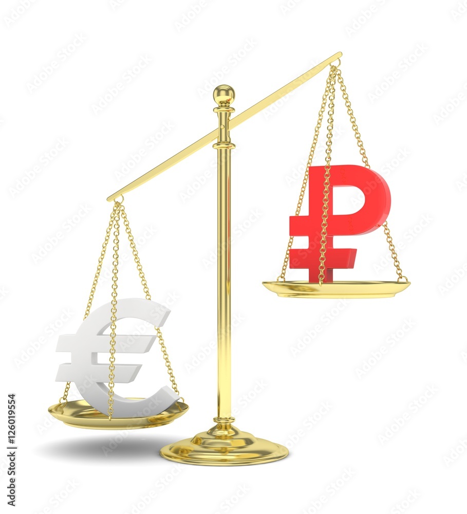 Isolated golden scales with silver euro and red ruble currency. Russian and european finance. Measuring of market stability. 3D rendering. Isolated golden scales with silver euro and red ruble currency. Russian and european finance. Measuring of market stability. 3D rendering.