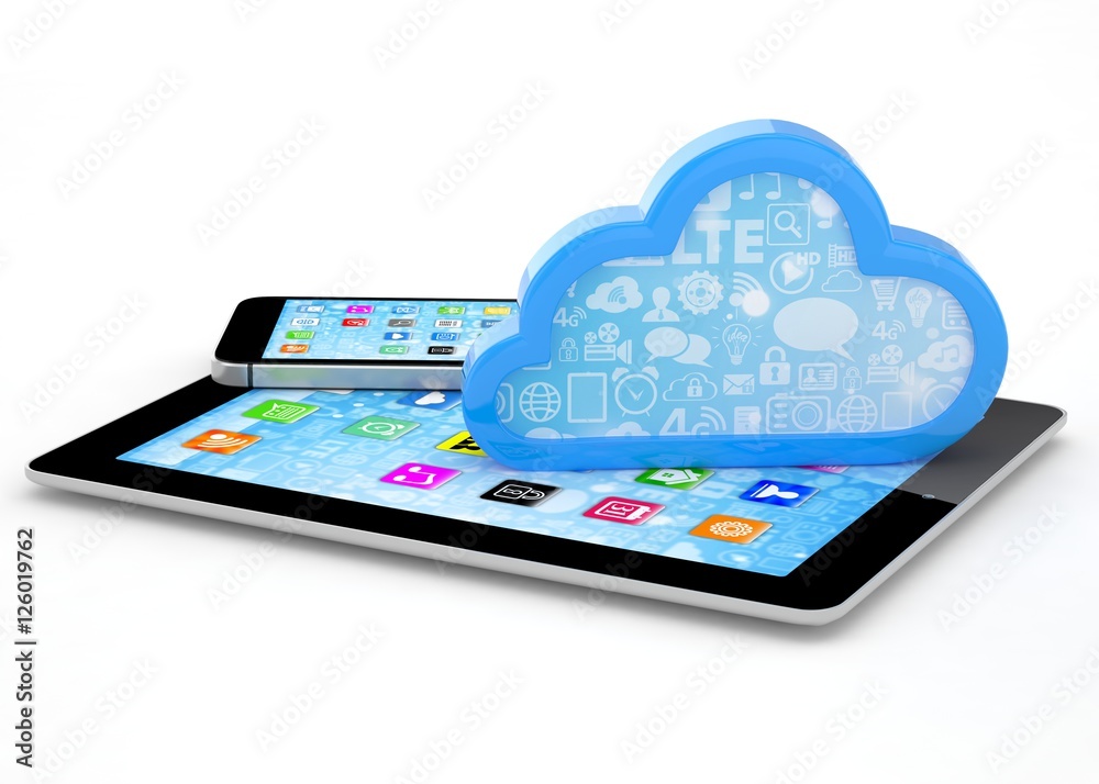tablet pc, smart phone and cloud. 3d rendering. tablet pc, smart phone and cloud. 3d rendering.
