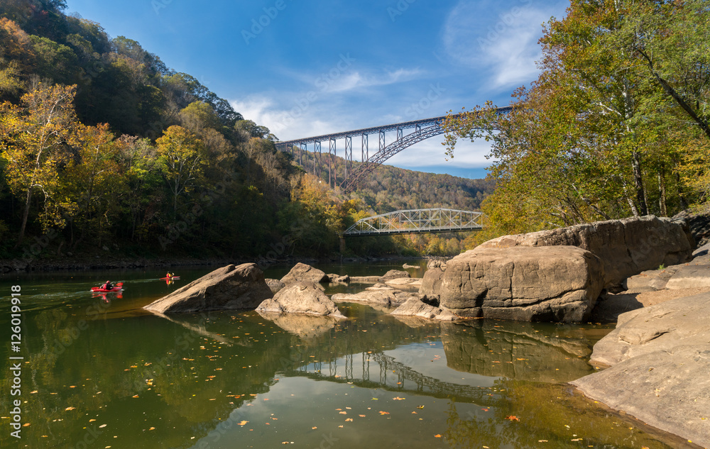 Kayakers at the New River Gorge Bridge in West Virginia