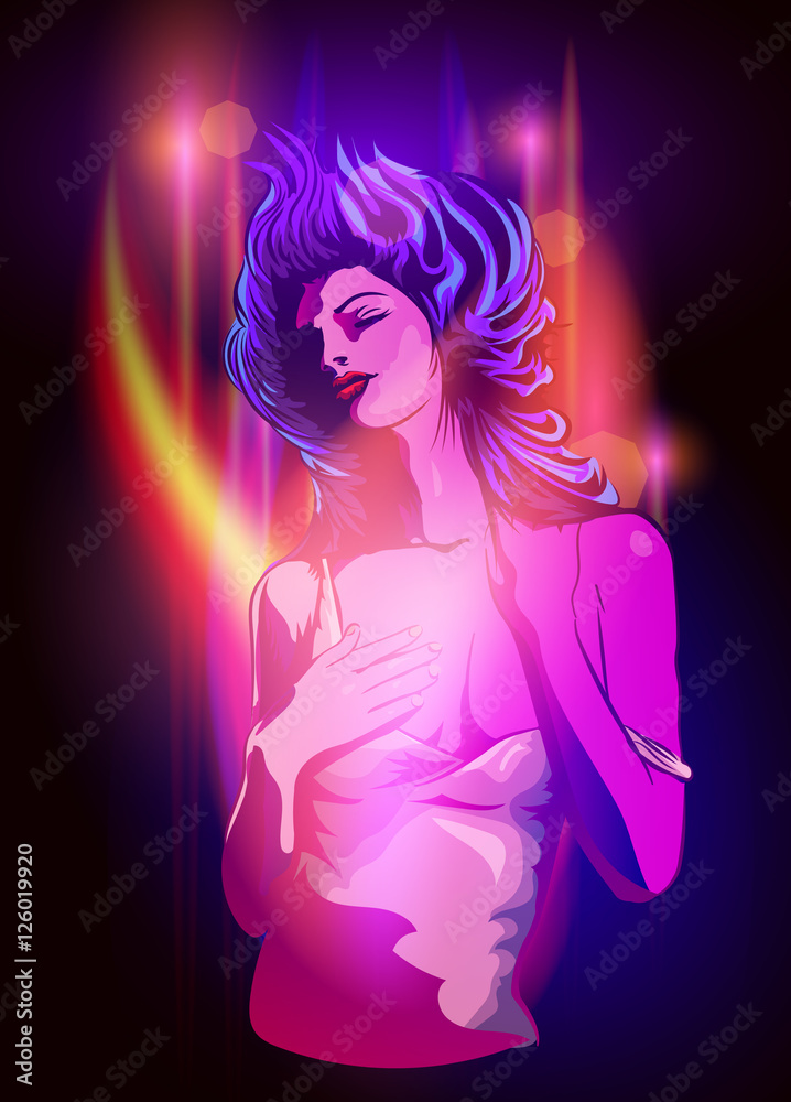 Woman dreaming in the blue and red light