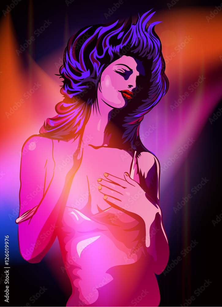 Woman dreaming in the blue and red light Woman dreaming in the blue and red light