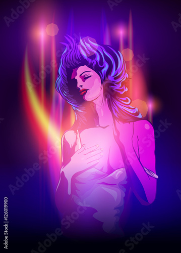Woman dreaming in the blue and red light