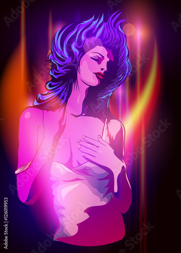 Woman dreaming in the blue and red light