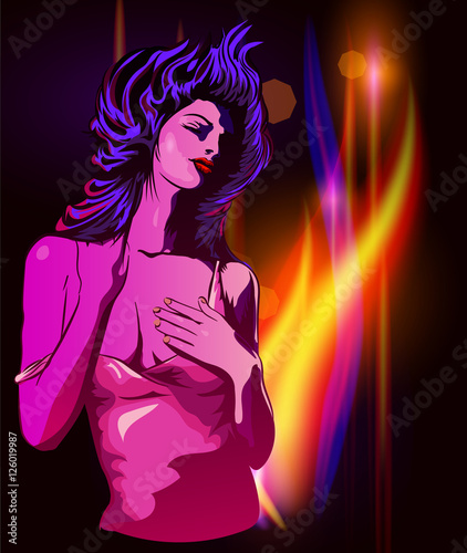 Woman dreaming in the blue and red light