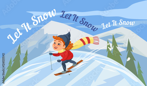 Cartoon skiing girl on snowy hill. Happy Kid icon. Cute smiling happy child on ski enjoy winter outdoors sport in mountain resort. Idea to advertise active lifestyle. Vector season greeting card