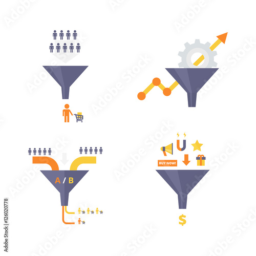 Conversion optimization, lead magnets and funnel ab tests infographics elements. Internet marketing concepts collection. Set of flat design vector illustrations.