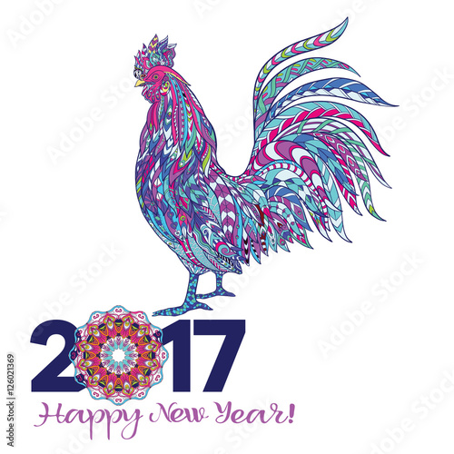 Rooster. Decorative patterned rooster - Chinese 2017 New Year symbol. Happy New Year!