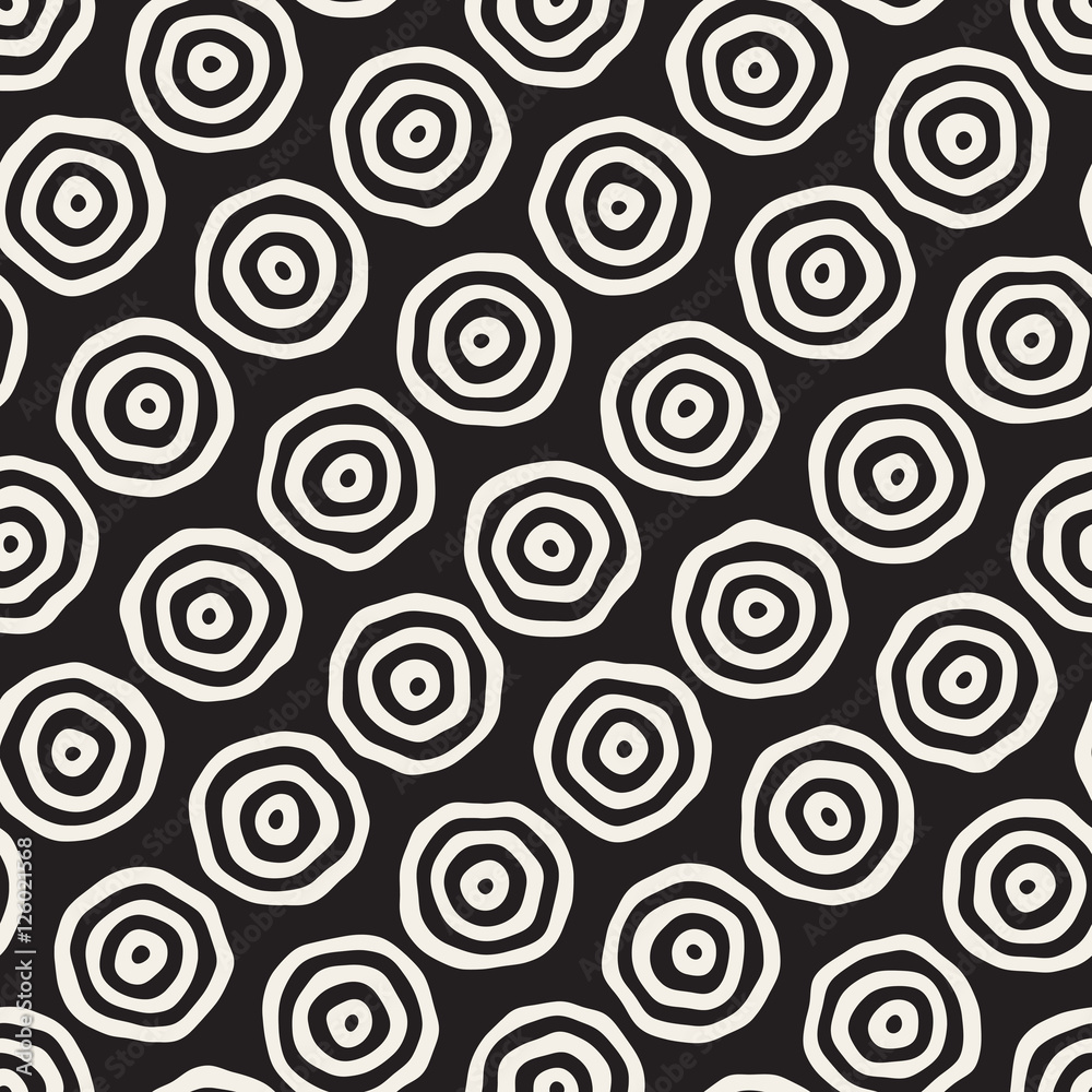 Vector Seamless Black and White Hand Drawn Concentric Circles Pattern