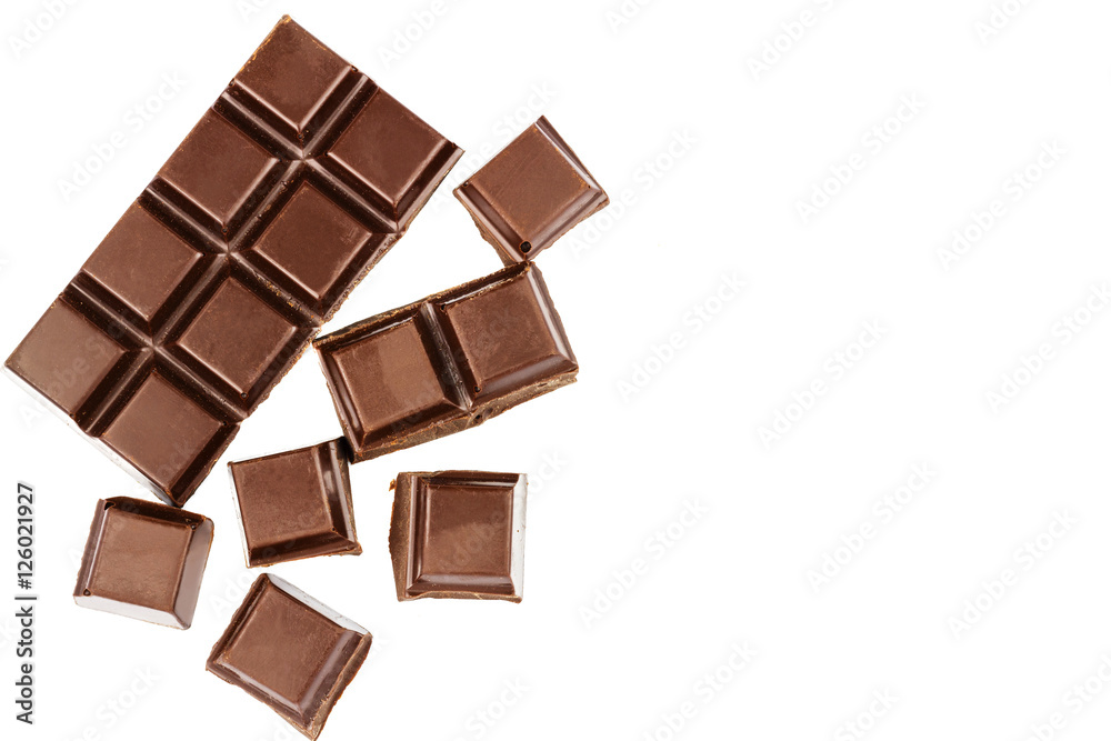 Dark chocolate bar and cubes isolated on white background, top view. Dark chocolate bar and cubes isolated on white background, top view.