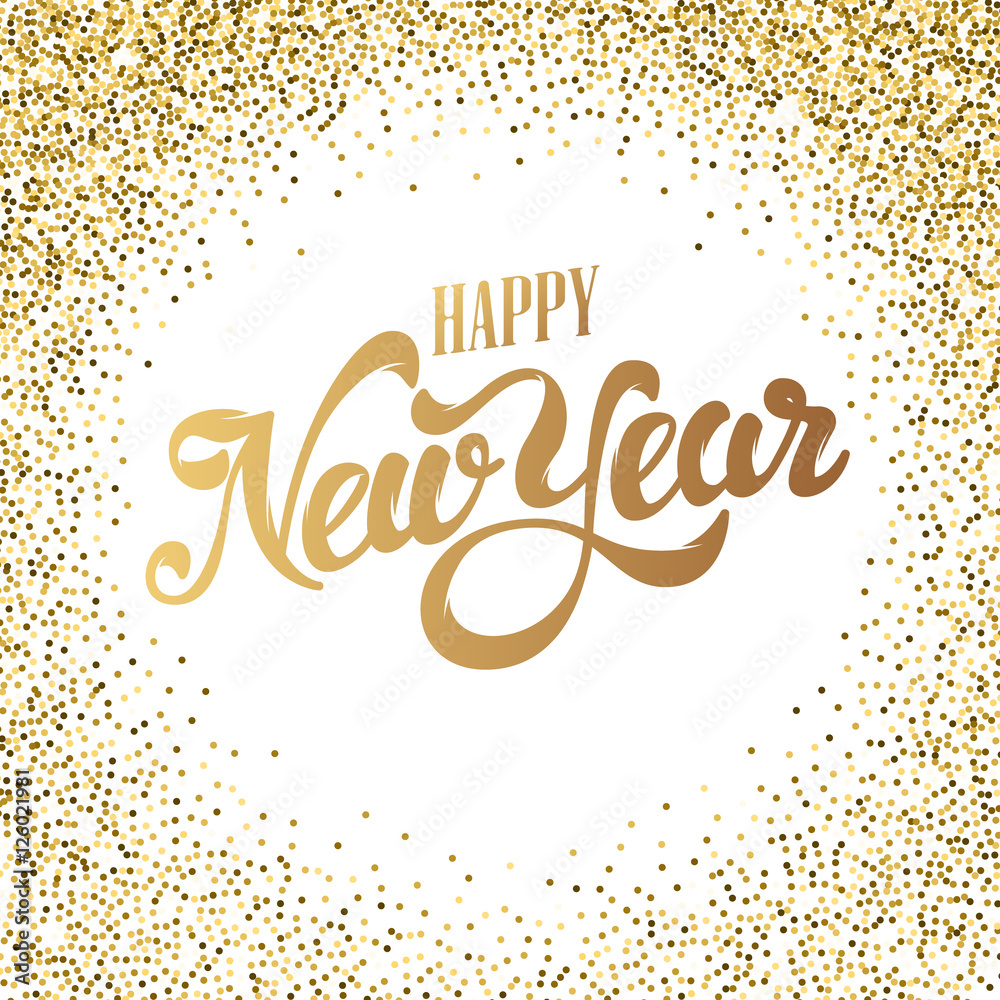 Happy New Year gold glitter lettering with frame from golden dots ...
